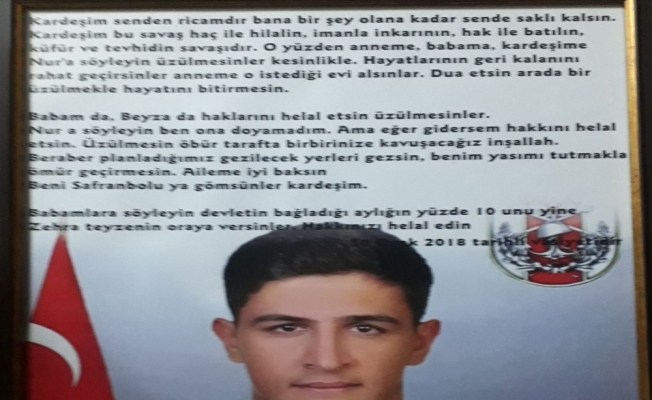 Şehit Ömer Bilal Akpınar’ın vasiyeti yerine getiriliyor