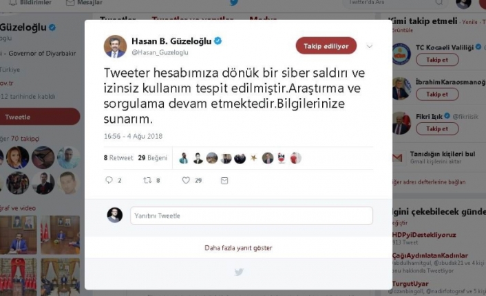 Diyarbakır Valisinin twitter hesabı hacklendi