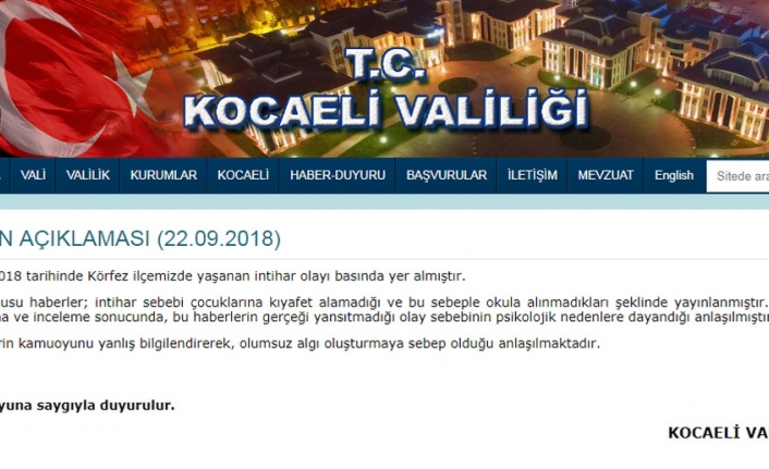 Kocaeli Valiliği: İntihar sebebi kıyafet alamama değil