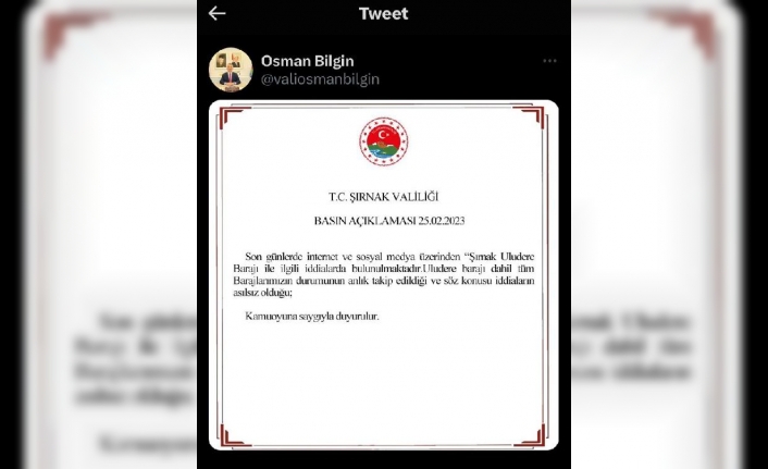 Şırnak Valiliği'nden 'baraj' açıklaması