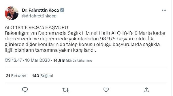 Bakan Koca: Depremzede sağlık hattına 98 bin 975 başvuru oldu