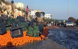 Tırdan dökülen narenciye karayolunu trafiğe kapattı