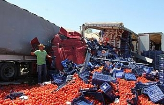 Domates yüklü tır karpuz yüklü tıra çarptı