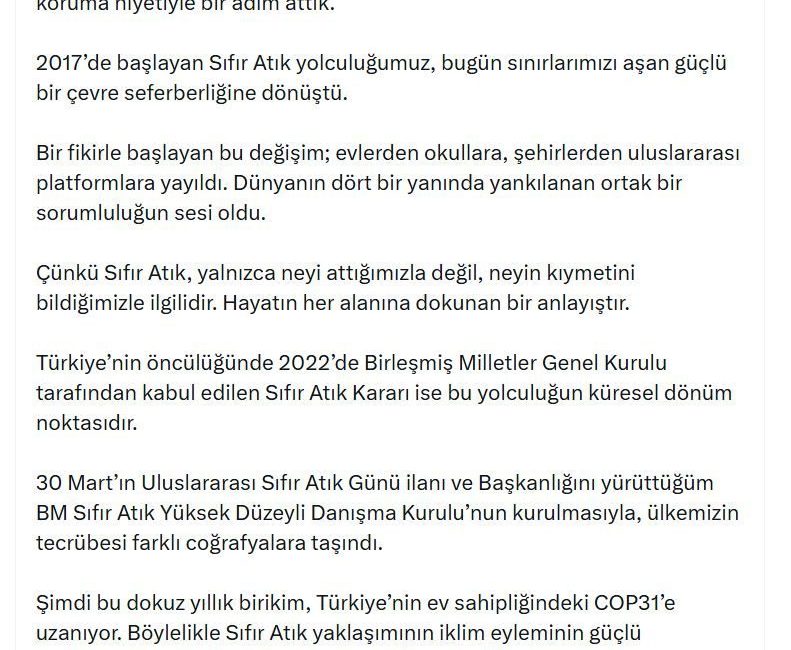 Emine Erdoğan’dan ‘Sıfır Atık’ paylaşımı ANKARA, – CUMHURBAŞKANI Recep Tayyip Erdoğan’ın eşi Emine Erdoğan, Sıfır