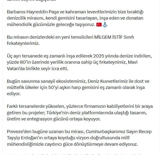 Haluk Görgün’den ‘Deniz Kuvvetleri Günü’ mesajı ANKARA, – SAVUNMA Sanayii Başkanı Haluk Görgün, “Preveze Deniz Zaferimizin