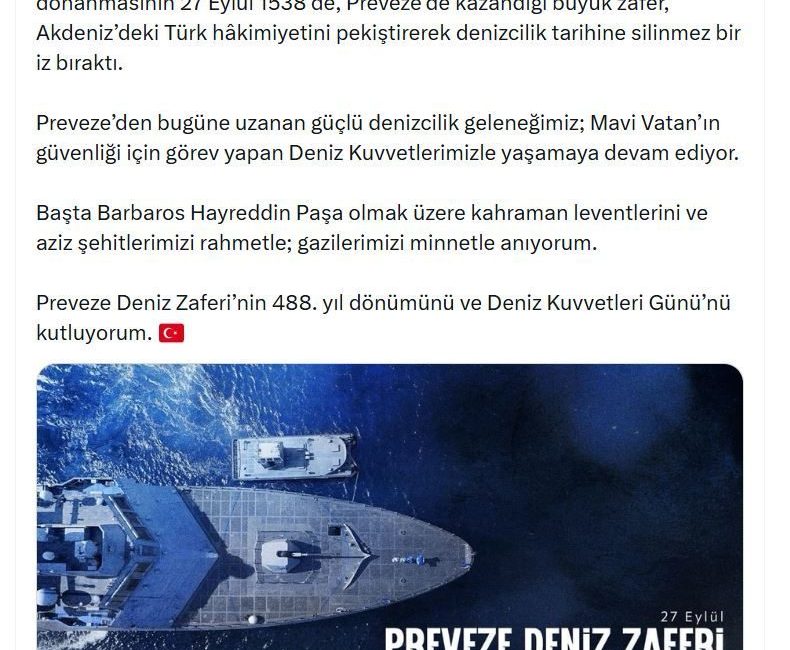 ANKARA, – İLETİŞİM Başkanı Burhanettin Duran, “Preveze Deniz Zaferi’nin 488’inci