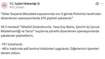Umutcan ÖREN/ANKARA, – İÇİŞLERİ Bakanlığı, 35 ilde düzenlenen siber suçlarla