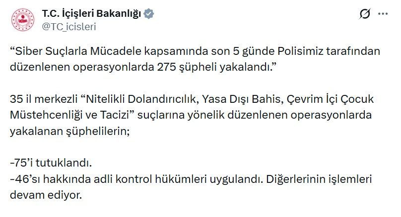 35 ilde siber suç operasyonu: 75 tutuklama Umutcan ÖREN/ANKARA, – İÇİŞLERİ Bakanlığı, 35 ilde düzenlenen siber suçlarla