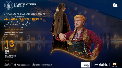 CSO ADA ANKARA’DA ANKARA’NIN BAŞKENT OLUŞUNUN 103. YILINA ÖZEL “ANKARA FERFENE GECESİ – HÜDAYDA”  Başkentin kültür ve sanat adası CSO Ada Ankara Ankara’nın Başkent oluşunun 103. yıl dönümü dolayısıyla düzenlenecek özel bir kültür ve sanat etkinliğine ev sahipliği yapacak. Ankara’nın köklü folklorik mirasını yaşatan Hüdayda’nın hikayesinin, türküsü ve oyunuyla sahneye taşınacağı “Ankaranın Başkent Oluşunun 103. Yılı Anısına – Ankara Ferfene Gecesi – Hüdayda” 13 Ekim 2026 Salı günü saat 20.00’de Ziraat Bankası Ana Salon’da gerçekleştirilecek. &nbsp; 19’uncu asrın ikinci yarısının başlarında Ankara’da yaşamış, güzelliği, şuhluğu ve dilberliğiyle koca Ankara’yı ardından sürükleyen bahtsız kadın Hüda’nın efsaneleşen aşk ve macera dolu hayat hikayesi, Ankara folklorunda türküsü ve oyunuyla yaşamaya devam eden Hüdayda üzerinden sahneye taşınacak. Etkinlikte, “Dama bulgur sererler”, “Hüdayda da samur saçlım hüdayda”, “Bulguru kaynatırlar”, “Pullu yaşmak olayım”, “Sırmalıdır bindalı” ve “Çamı çama çatarlar” sözleriyle bilinen Hüdayda türküleri, Ankara’nın geleneksel kültür mirasının önemli unsurları olarak yeniden hayat bulacak. &nbsp; Sanat yönetmenliğini Şerafettin Demir, şefliğini ise Murat Kızılcı’nın üstleneceği özel gecede, Ankara’nın köklü folklorik mirasının önemli bir parçası olan Hüdayda’nın hikâyesi, türküsü ve oyunu sahneye taşınacak. Hüdayda’nın ezgileri ve kültürel mirası üzerinden başkentin 103 yıllık başkentlik serüvenine ışık tutulacak gece, CSO Ada Ankara’nın ev sahipliğinde izleyicilerle buluşacak. &nbsp; Detaylı bilgi için CSO Ada Ankara resmi web sitesi https://csoadaankara.gov.tr ziyaret edilebilir. Biletler; Biletinial, SanatCepte uygulaması ve CSO Ada Ankara fuaye alanındaki Biletinial gişesi üzerinden temin edilebilir.