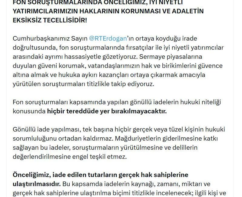 Bakan Gürlek: Önceliğimiz, iade edilen tutarların gerçek hak sahiplerine ulaştırılmasıdır ANKARA, – ADALET Bakanı Akın Gürlek, fon soruşturmasına ilişkin, “Gönüllü
