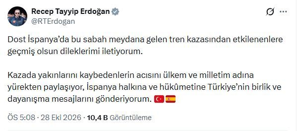 ANKARA, – CUMHURBAŞKANI Recep Tayyip Erdoğan, İspanya’da meydana gelen tren