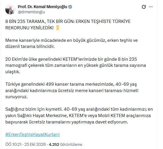 KETEM’lerde bir günde 8 bin 235 mamografi çekildi ANKARA, – SAĞLIK Bakanı Kemal Memişoğlu, 20 Ekim’de Kanser Erken