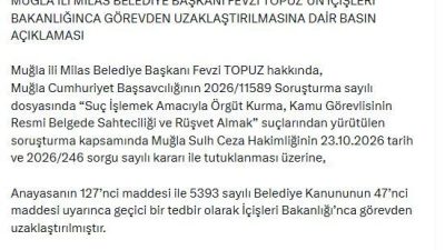ANKARA, – İÇİŞLERİ Bakanlığı, Milas Belediye Başkanı Fevzi Topuz’un, hakkında