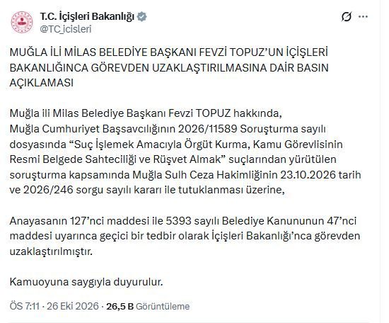 Milas Belediye Başkanı Topuz, görevden uzaklaştırıldı ANKARA, – İÇİŞLERİ Bakanlığı, Milas Belediye Başkanı Fevzi Topuz’un, hakkında