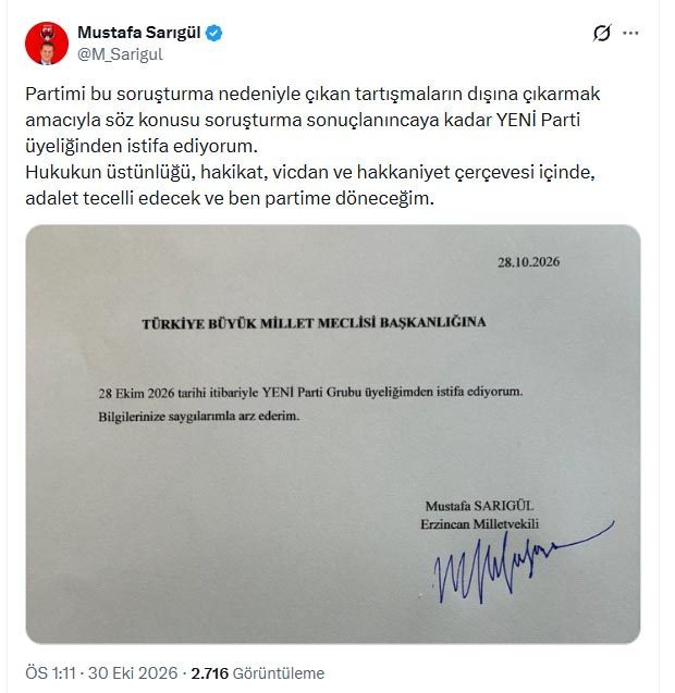 Mustafa Sarıgül, Yeni Parti’den istifa etti ANKARA, – YENİ Parti Erzincan Milletvekili Mustafa Sarıgül, parti üyeliğinden