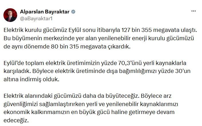 Türkiye’nin elektrik kurulu gücü 127 bin 355 megavata ulaştı ANKARA, – TÜRKİYE’nin elektrik kurulu gücü, 2026 yılı eylül ayı